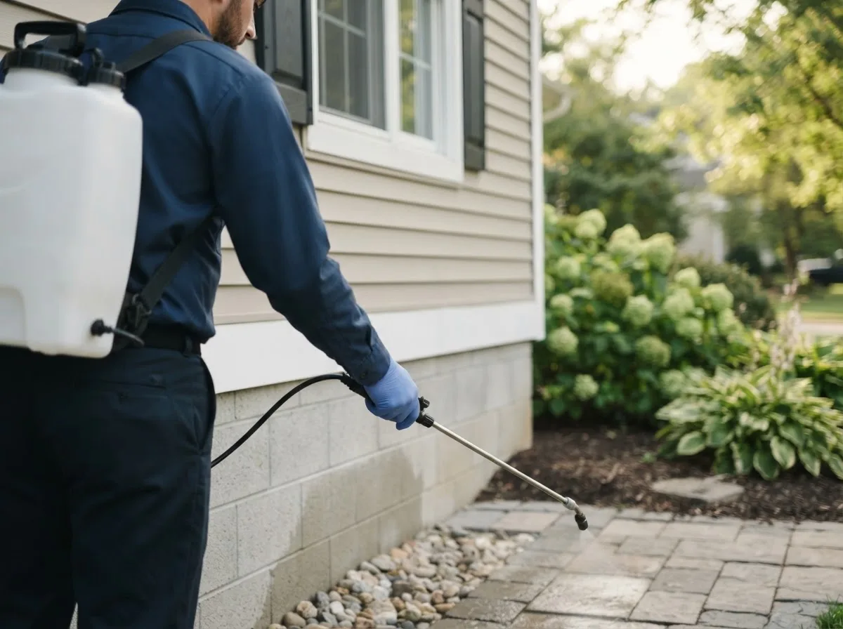 Pest control technician inspecting a home in East Spencer, NC